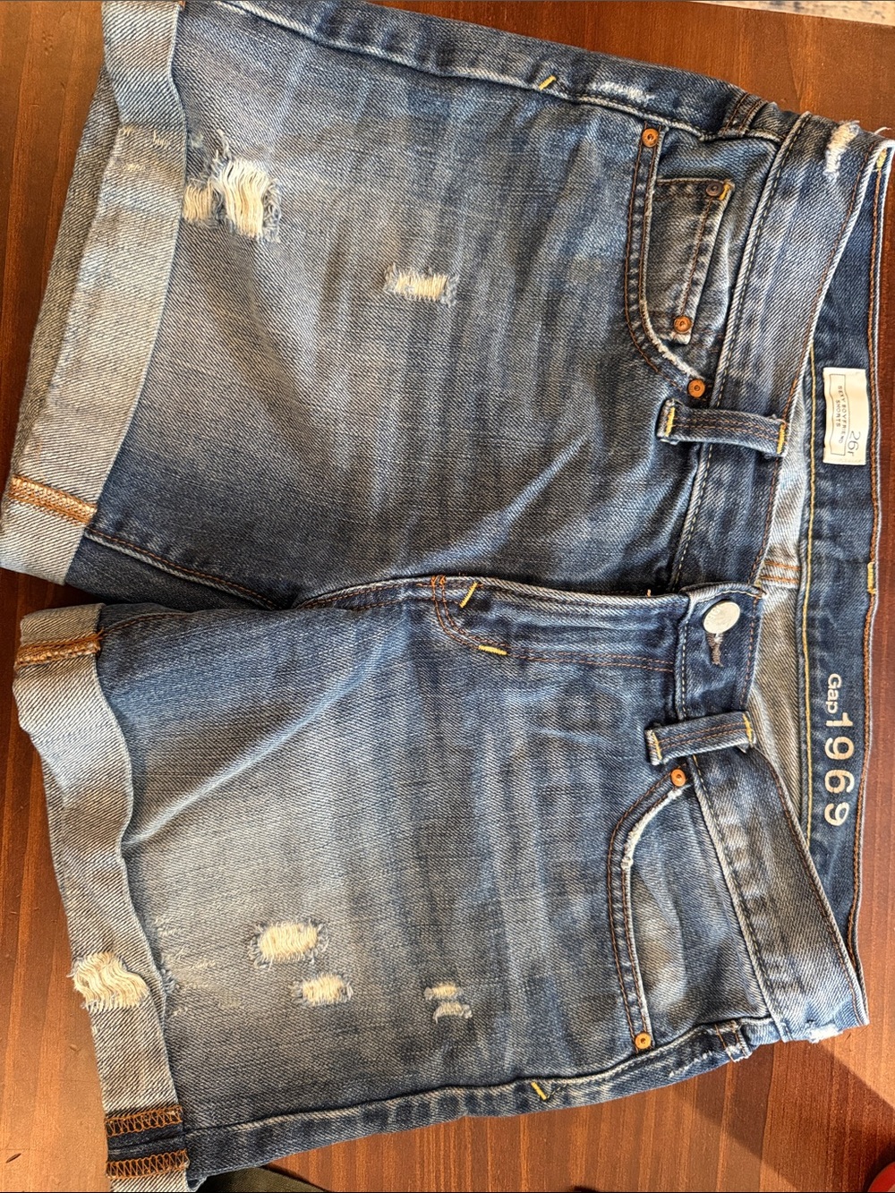 GAP Distressed Rolled-Hem Denim Shorts in Blue Wash